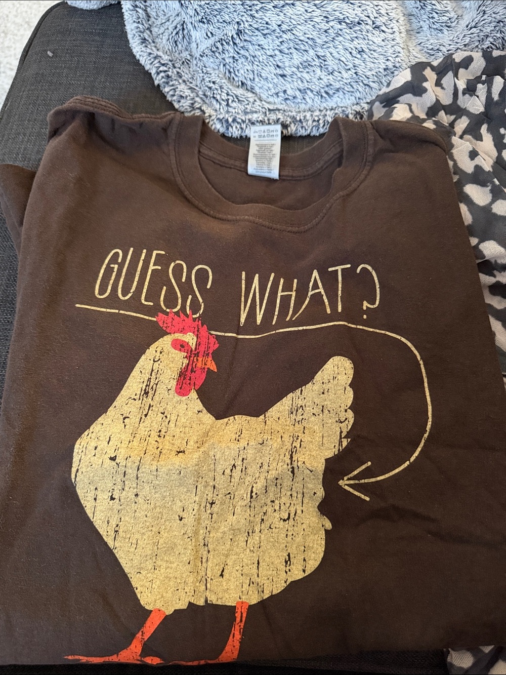 Brown Graphic Tee with Chicken Print - Guess What?